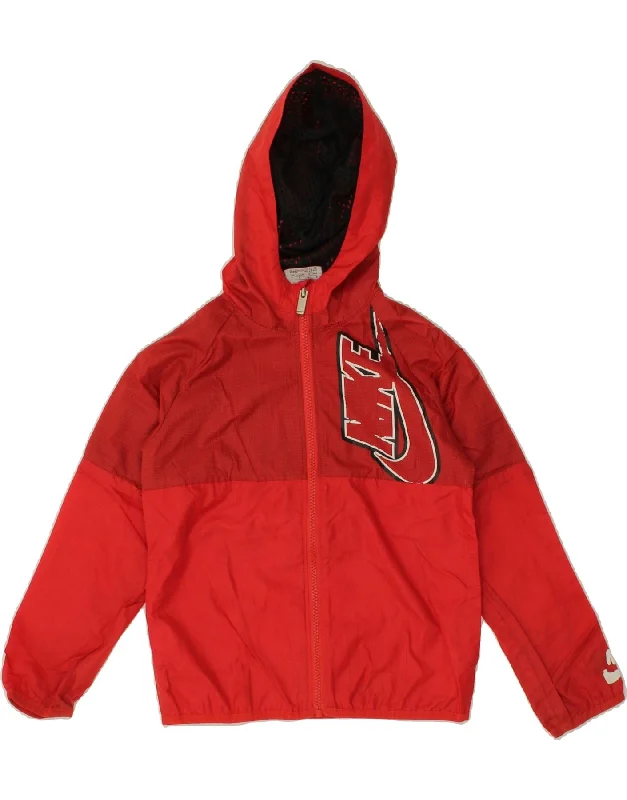 NIKE Boys Graphic Hooded Rain Jacket 6-7 Years XS Red Colourblock