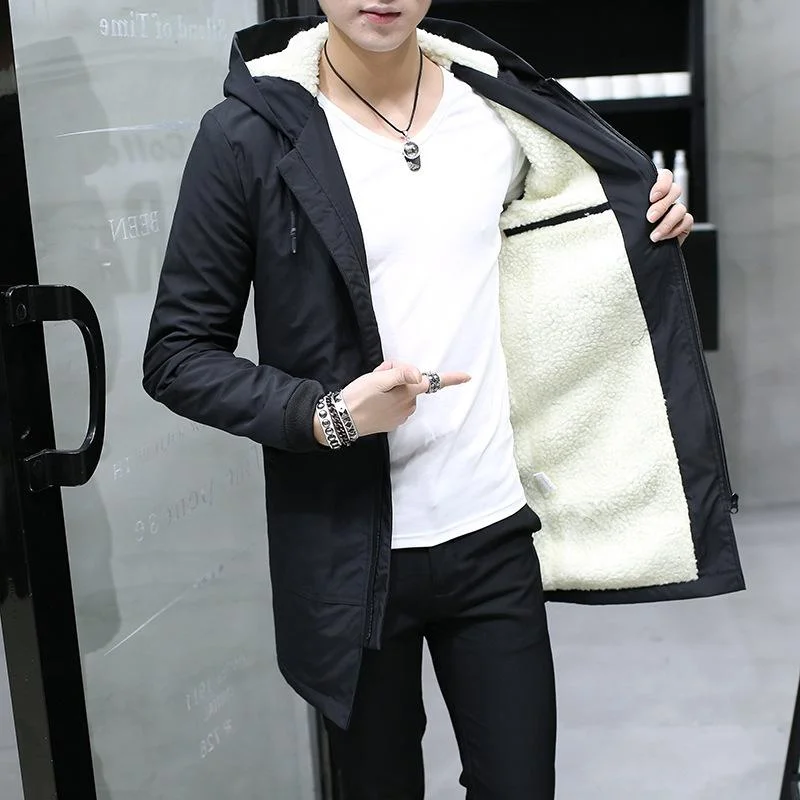 Korean Style Cashmere Hooded Winter Long Windbreaker Jacket for Men