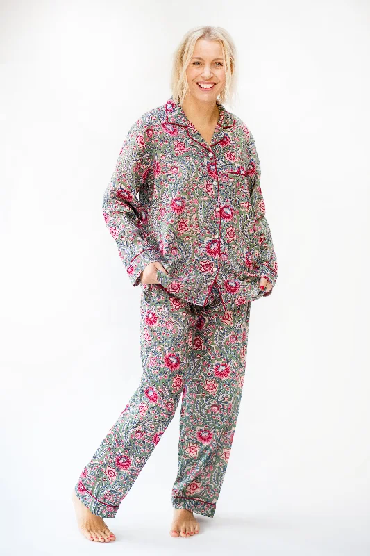 SALE Long PJ Set in Green & Vibrant Pink Floral Block Print