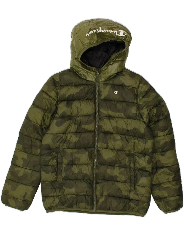 CHAMPION Boys Graphic Padded Jacket 11-12 Years Large  Green Camouflage