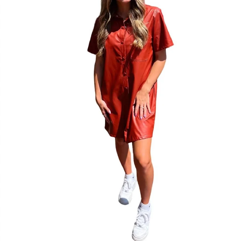 Faux Leather Shirt Dress In Cognac