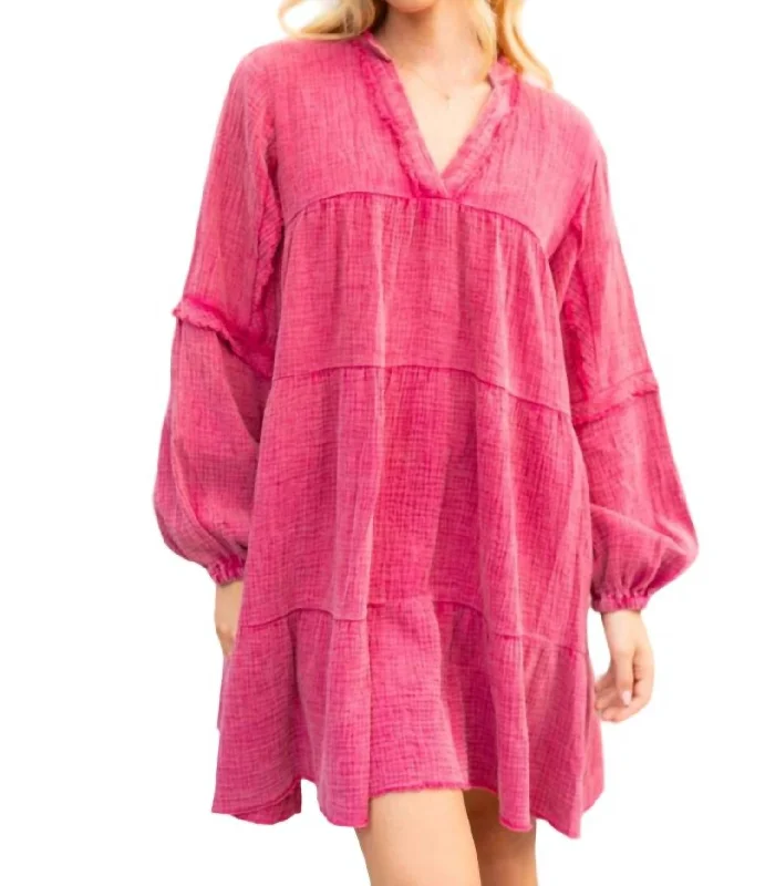 Long Sleeve Woven Dress In Berry
